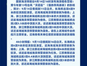 海浪橙色警报：上海、浙江北部近岸海域将出现3到5米的大浪到巨浪